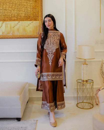 Pure Chinon Silk Embroidered Suit Set with Plazzo & Dupatta – Premium Festive & Party Wear