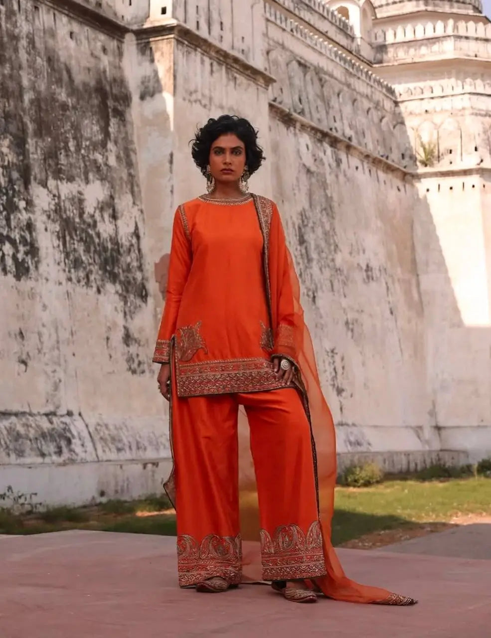 Pure Chinon Silk Embroidered Suit Set with Sequin Dupatta