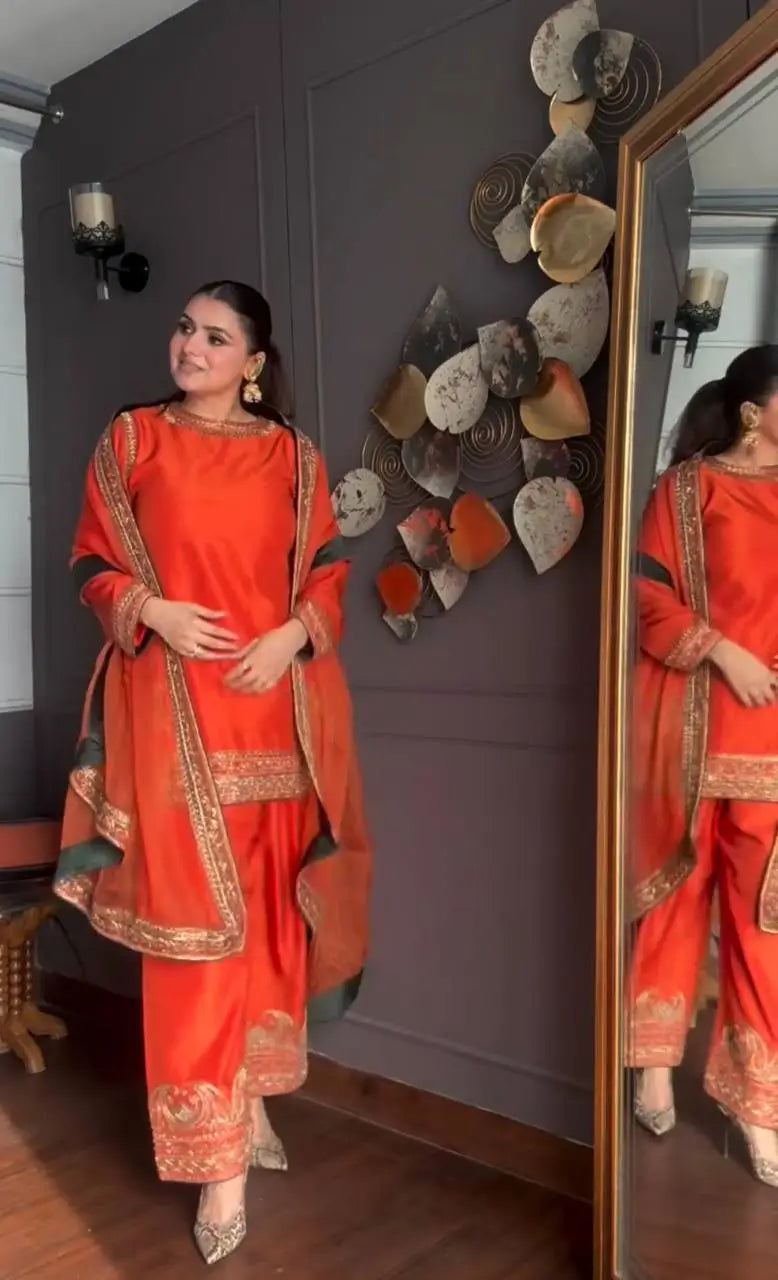 Pure Chinon Silk Embroidered Suit Set with Sequin Dupatta