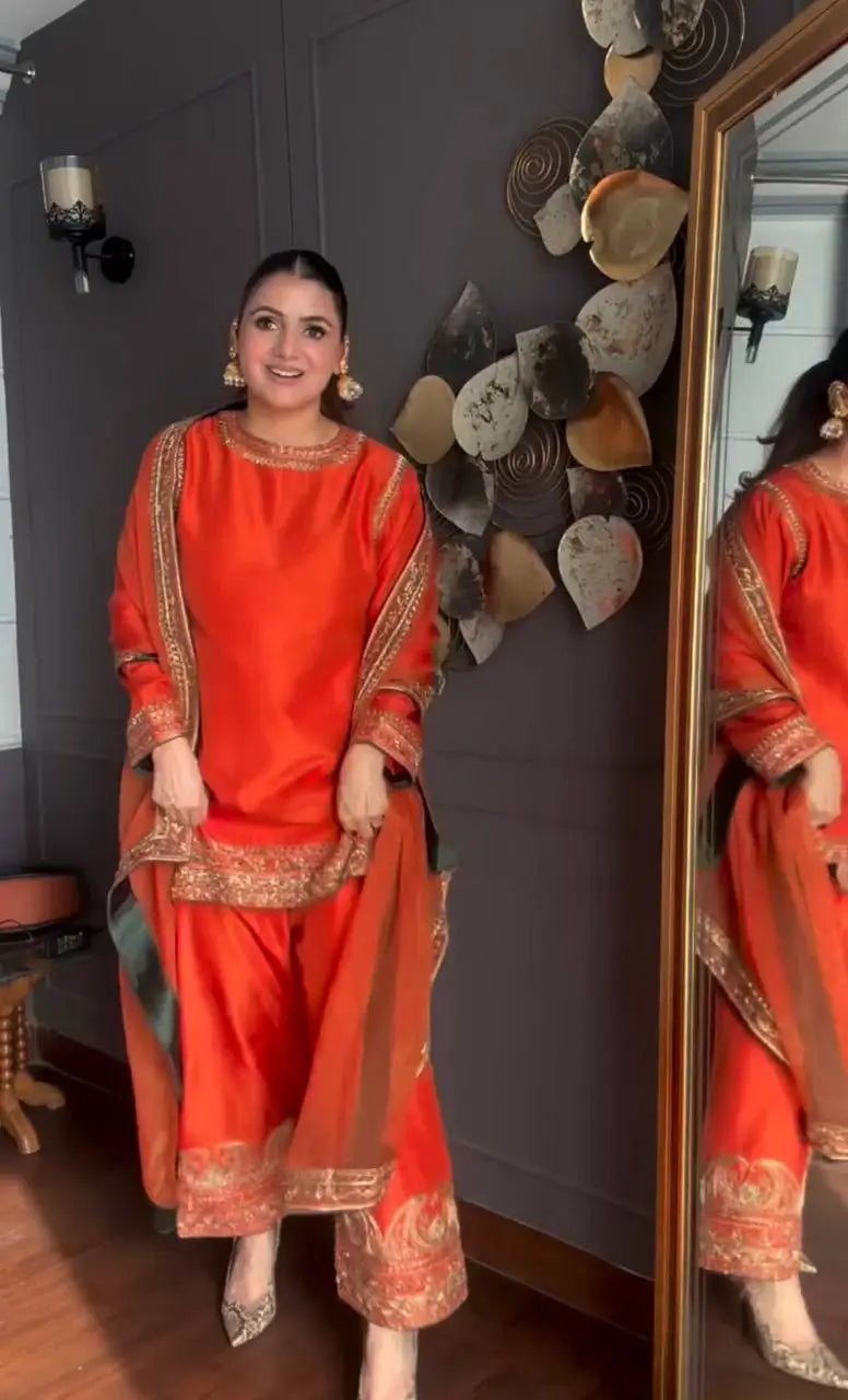 Pure Chinon Silk Embroidered Suit Set with Sequin Dupatta