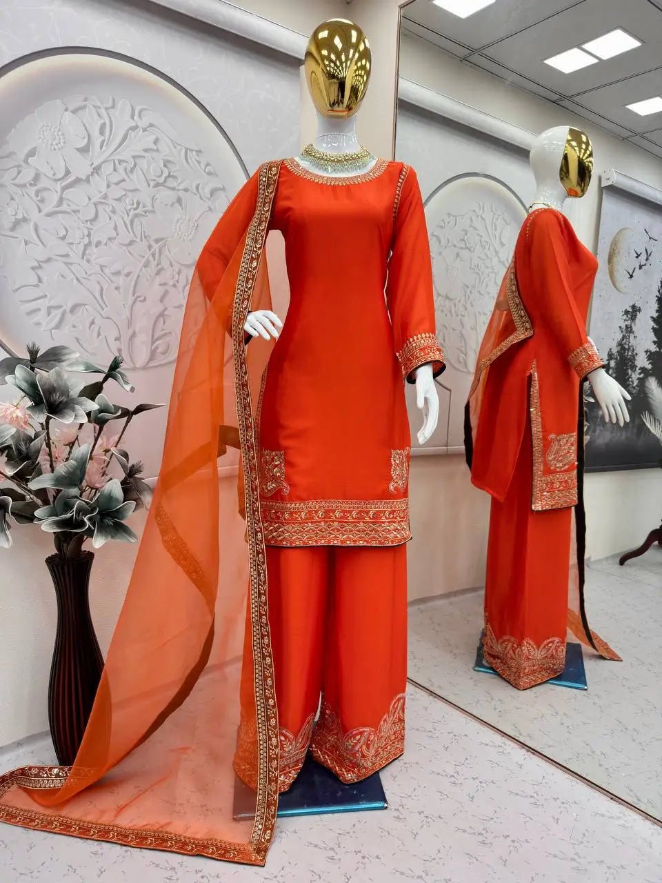 Pure Chinon Silk Embroidered Suit Set with Sequin Dupatta