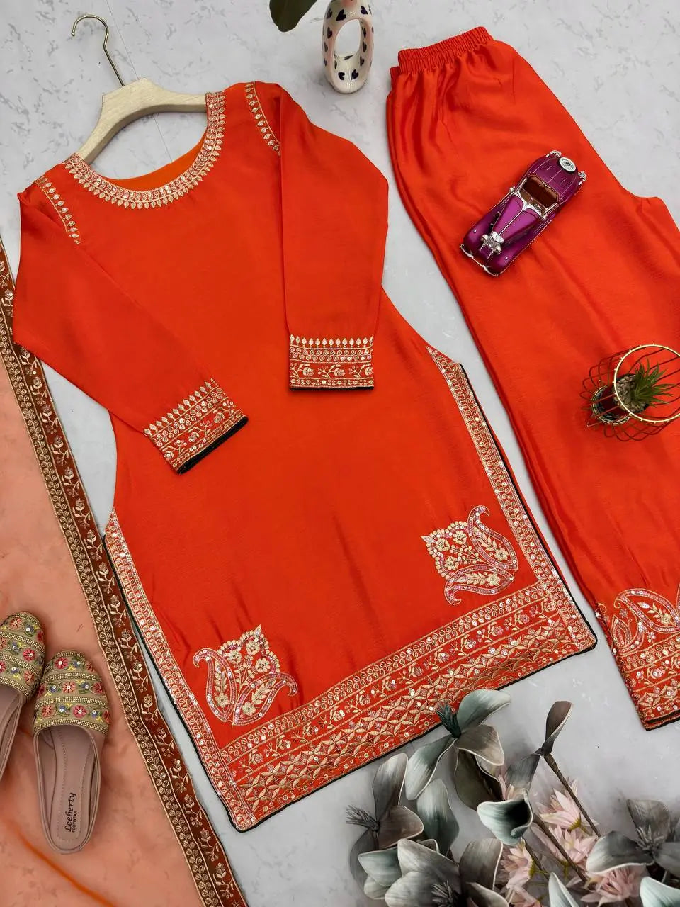Pure Chinon Silk Embroidered Suit Set with Sequin Dupatta