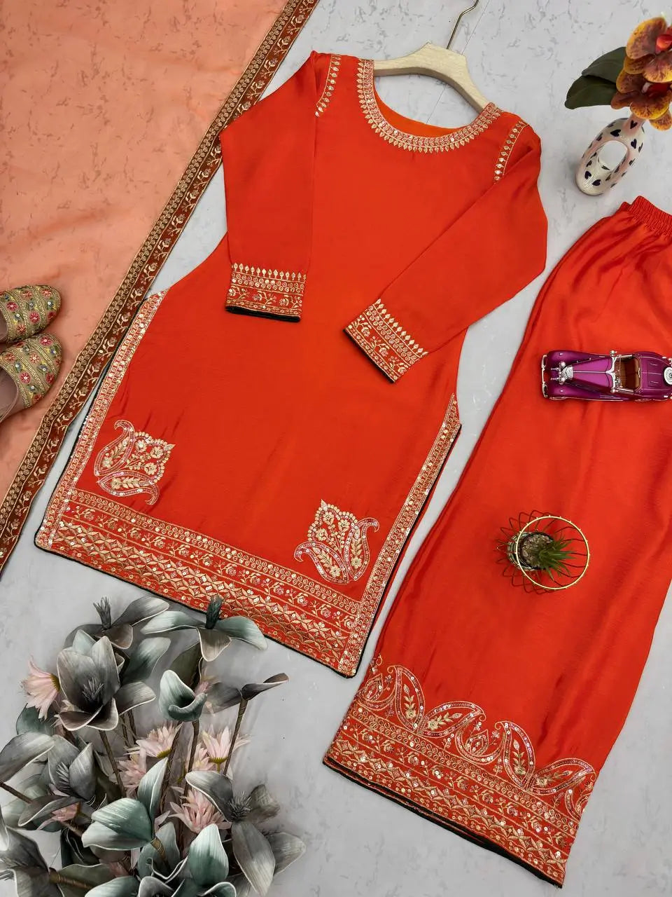 Pure Chinon Silk Embroidered Suit Set with Sequin Dupatta