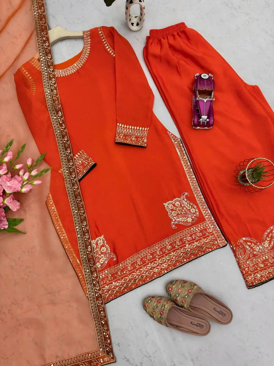 Pure Chinon Silk Embroidered Suit Set with Sequin Dupatta