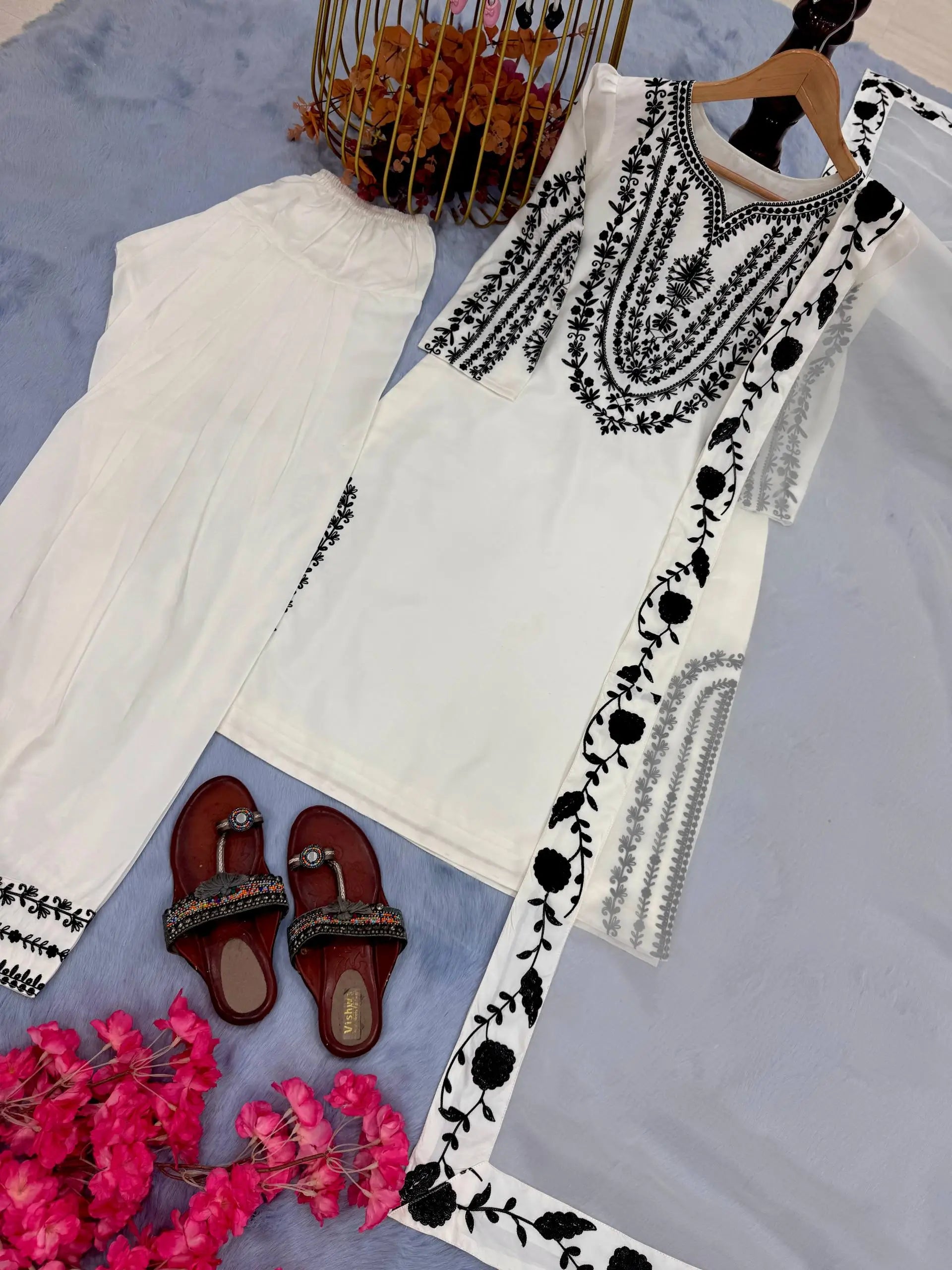 Pure Crepe Embroidered Farshi Plazzo Suit with Organza Dupatta – Party & Festive Wear