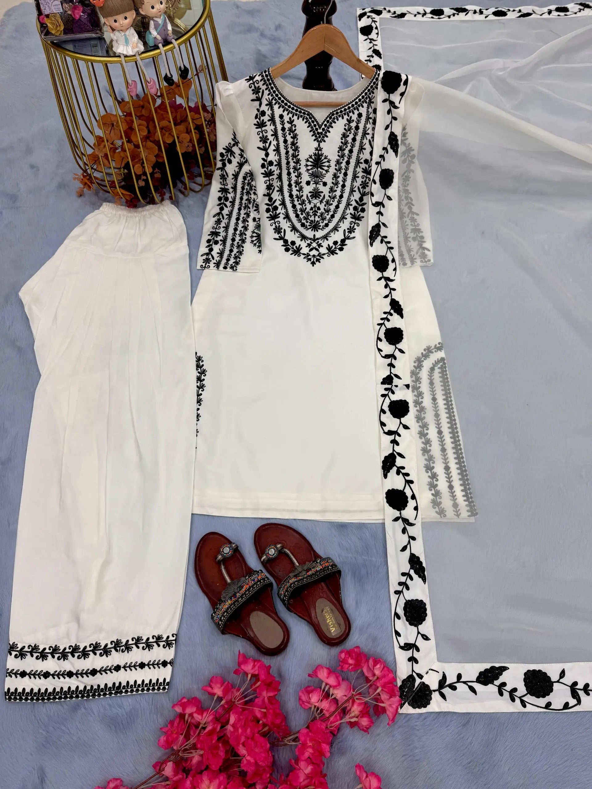 Pure Crepe Embroidered Farshi Plazzo Suit with Organza Dupatta – Party & Festive Wear