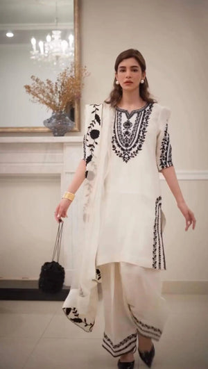 Pure Crepe Embroidered Farshi Plazzo Suit with Organza Dupatta – Party & Festive Wear