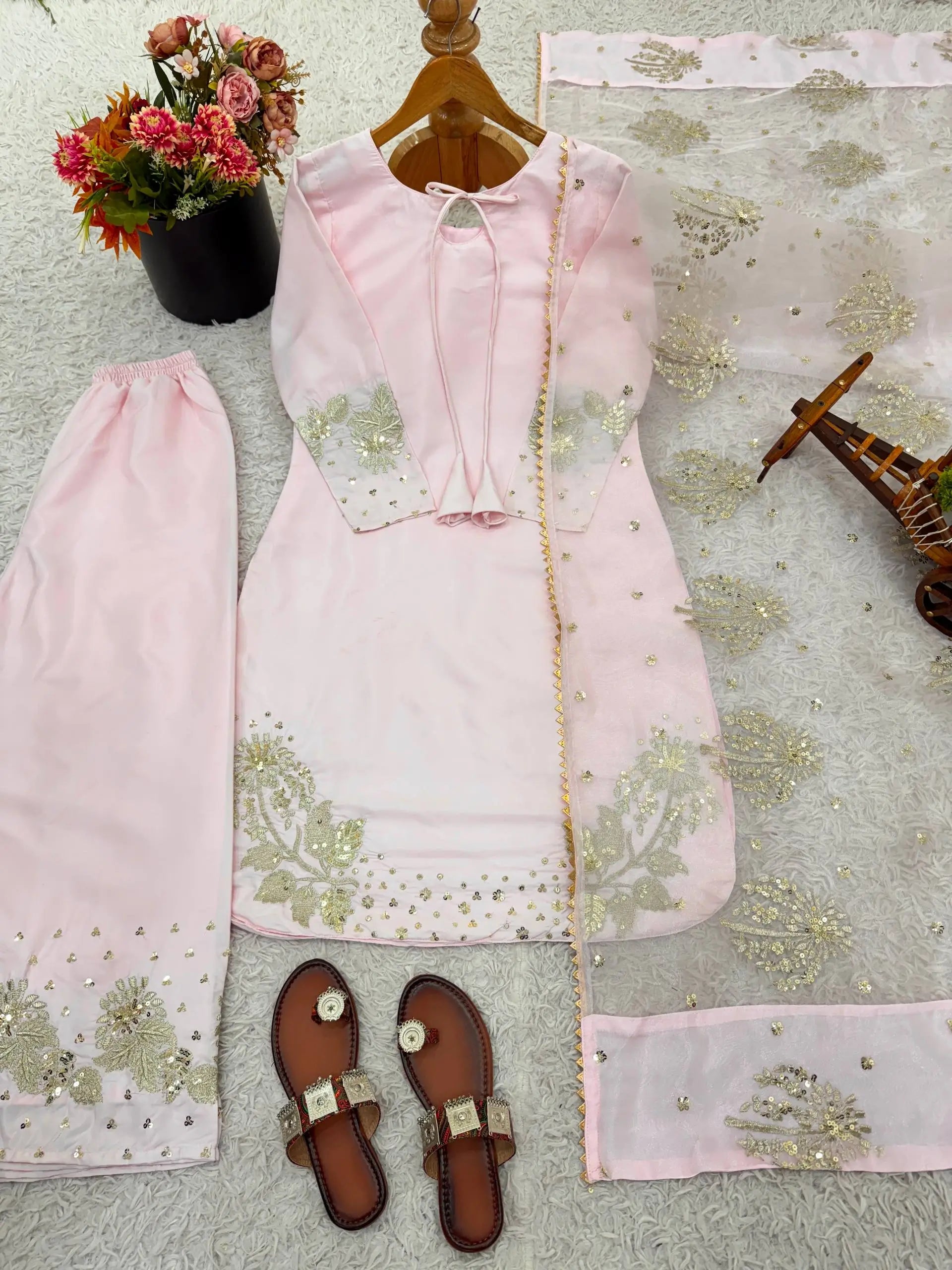 Pure Crepe Silk Embroidered Partywear Suit Set