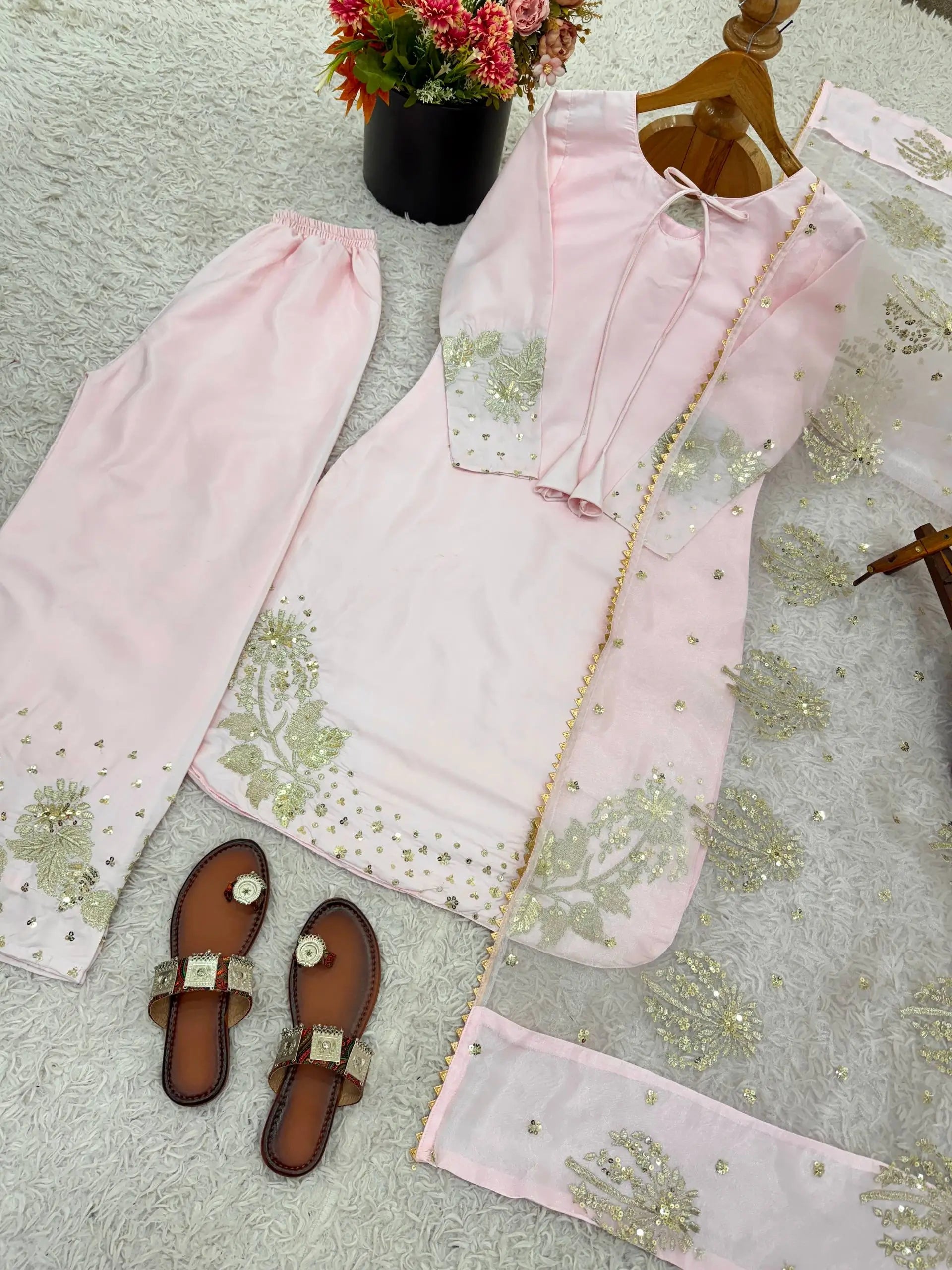 Pure Crepe Silk Embroidered Partywear Suit Set