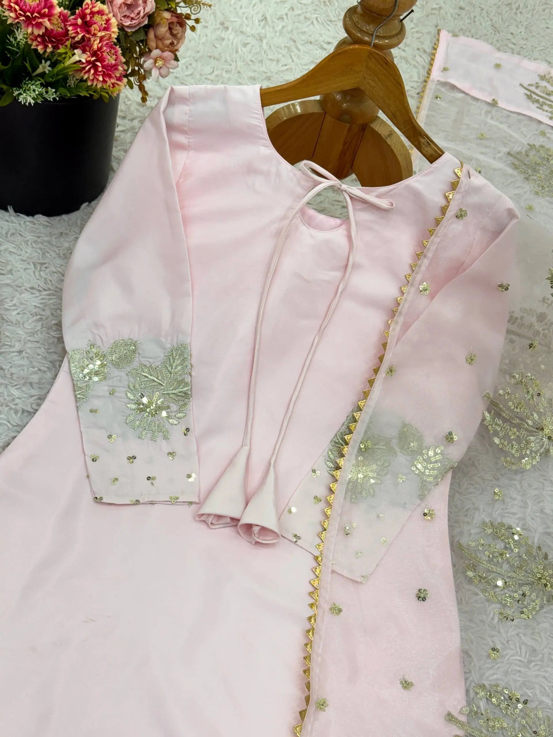 Pure Crepe Silk Embroidered Partywear Suit Set