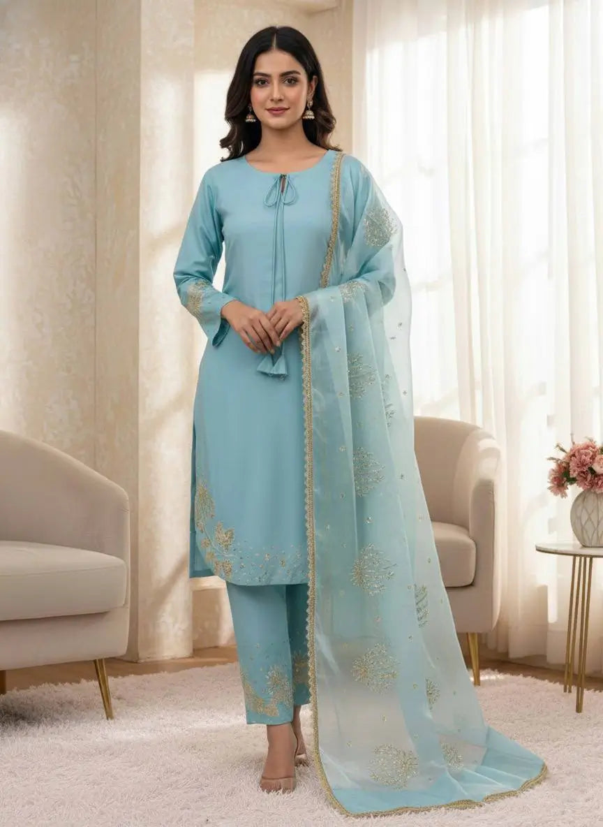 Pure Crepe Silk Embroidered Partywear Suit Set