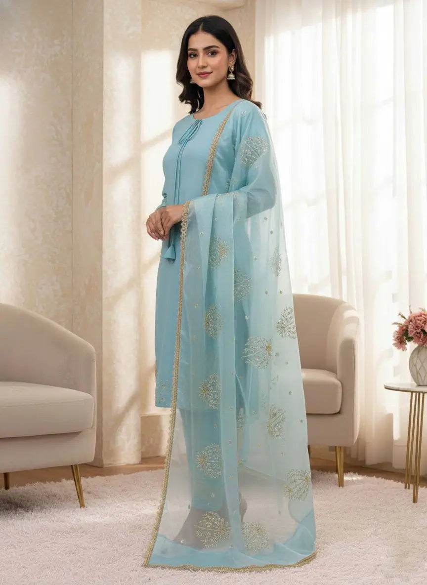 Pure Crepe Silk Embroidered Partywear Suit Set
