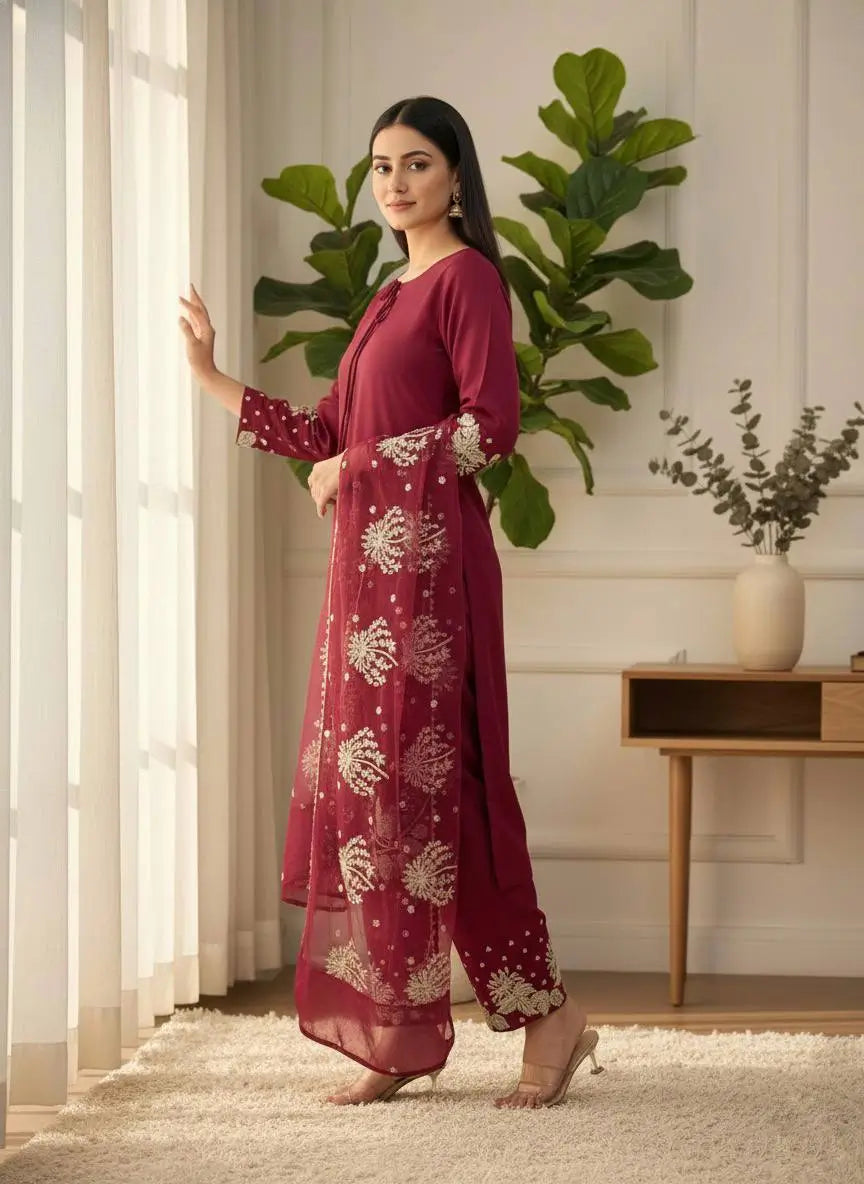 Pure Crepe Silk Embroidered Partywear Suit Set