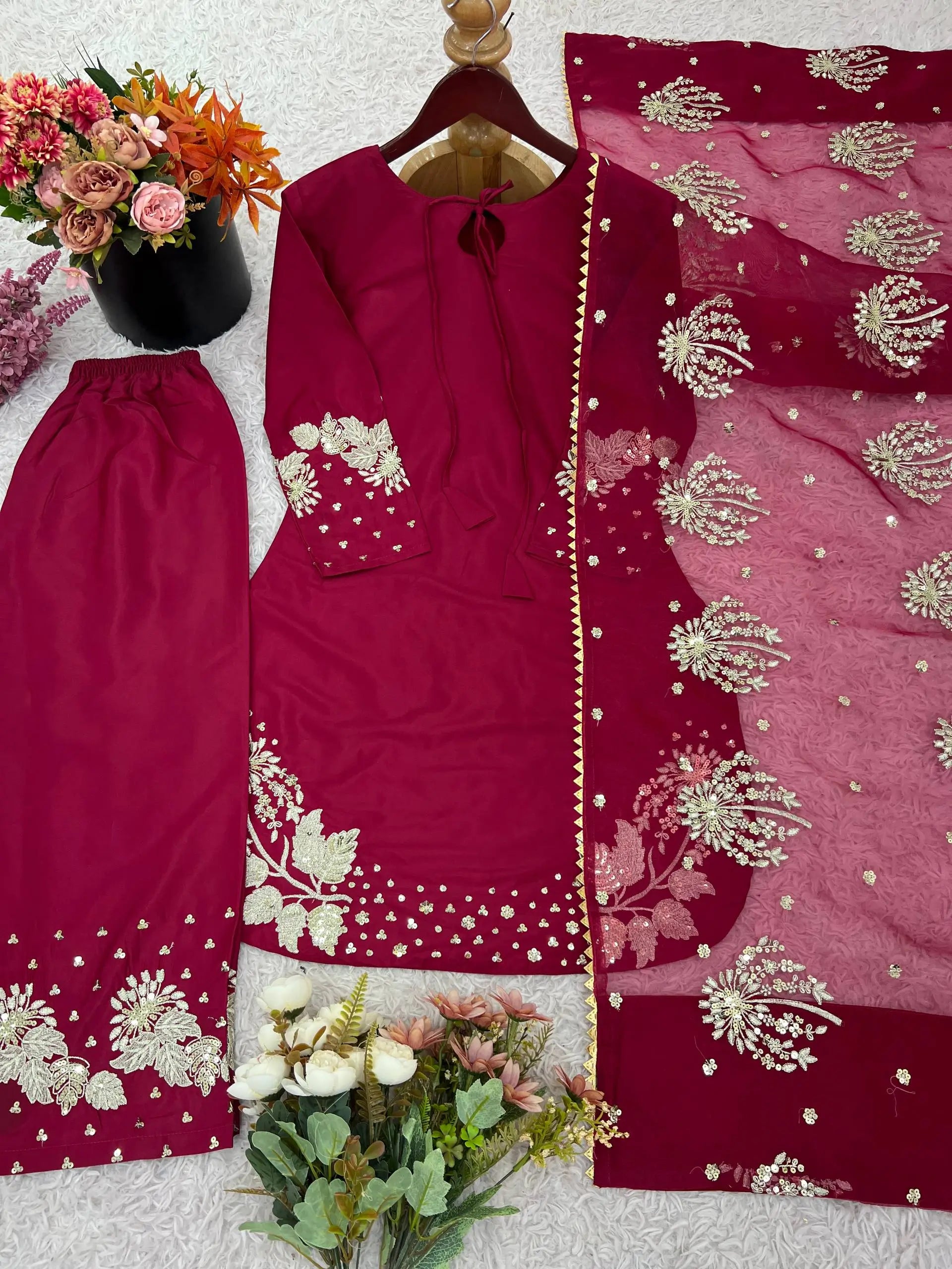 Pure Crepe Silk Embroidered Partywear Suit Set
