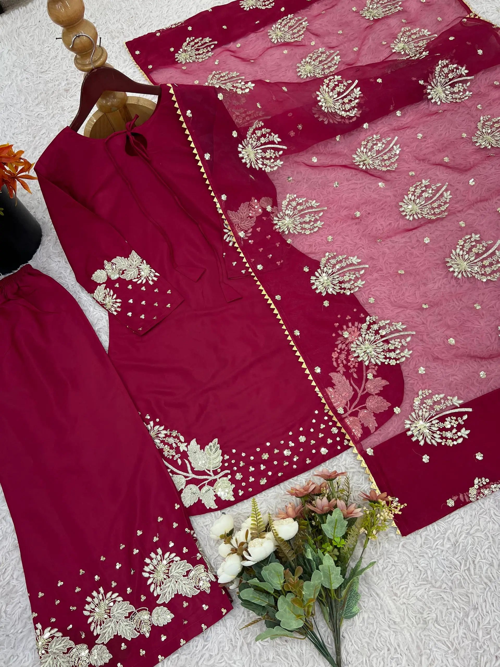 Pure Crepe Silk Embroidered Partywear Suit Set