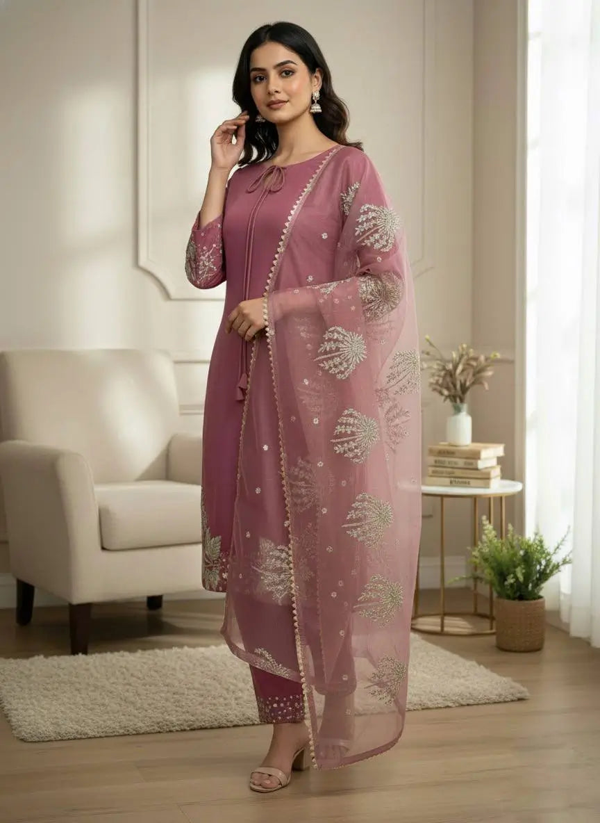 Pure Crepe Silk Embroidered Partywear Suit Set