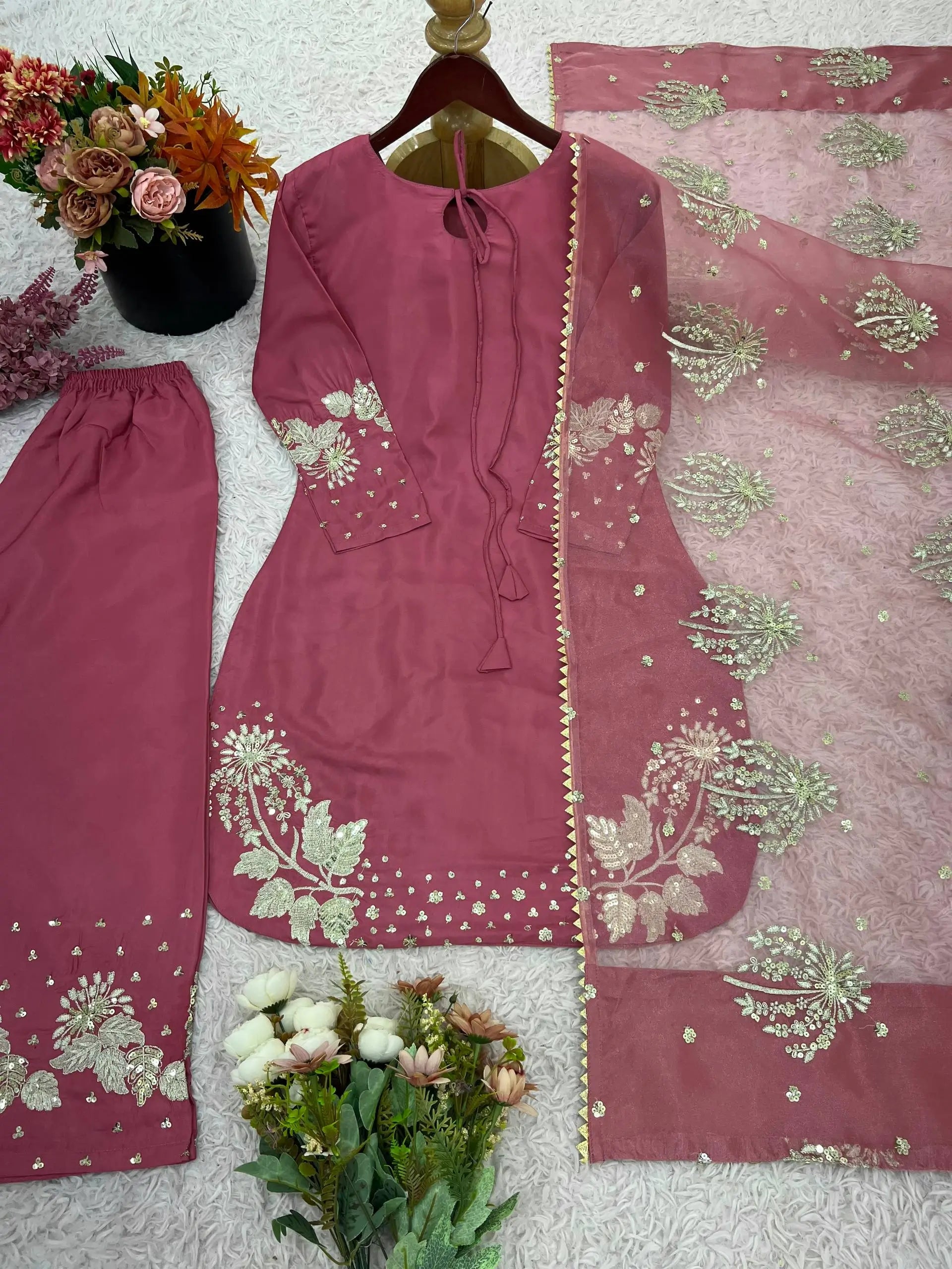 Pure Crepe Silk Embroidered Partywear Suit Set