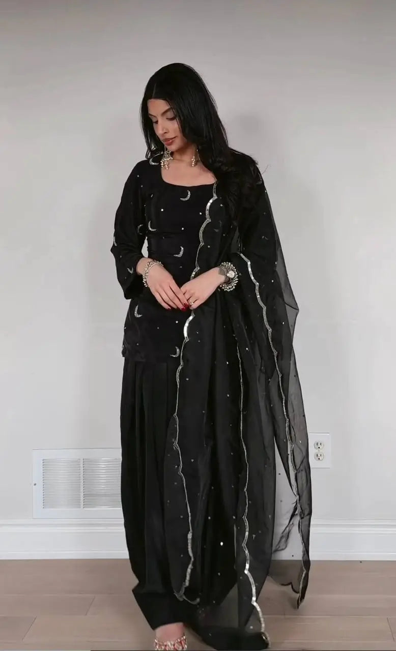 Pure Crepe Silk Embroidered Partywear Suit Set