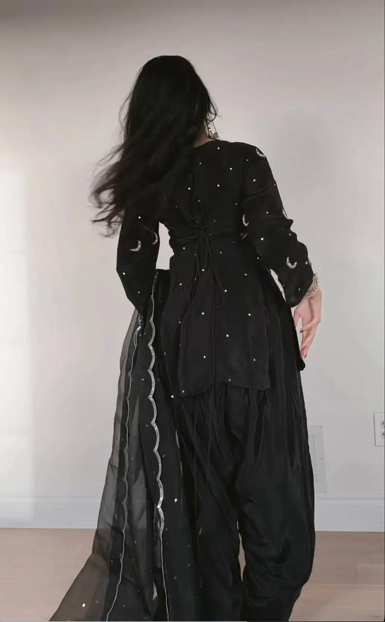 Pure Crepe Silk Embroidered Partywear Suit Set