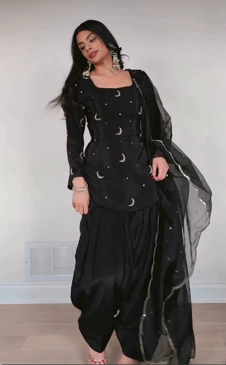 Pure Crepe Silk Embroidered Partywear Suit Set