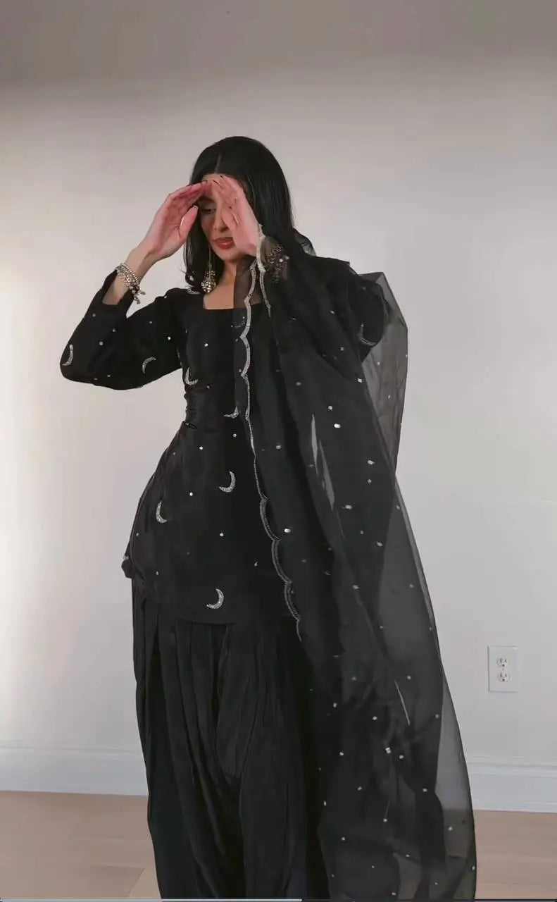Pure Crepe Silk Embroidered Partywear Suit Set