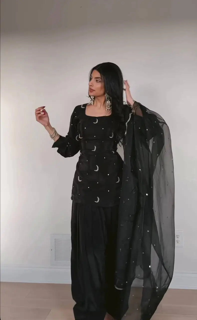 Pure Crepe Silk Embroidered Partywear Suit Set