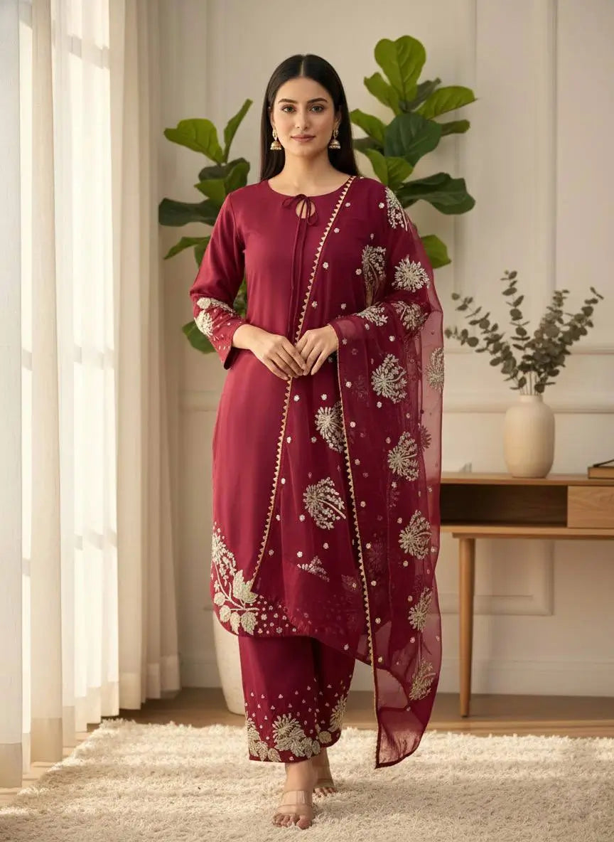 Pure Crepe Silk Embroidered Partywear Suit Set
