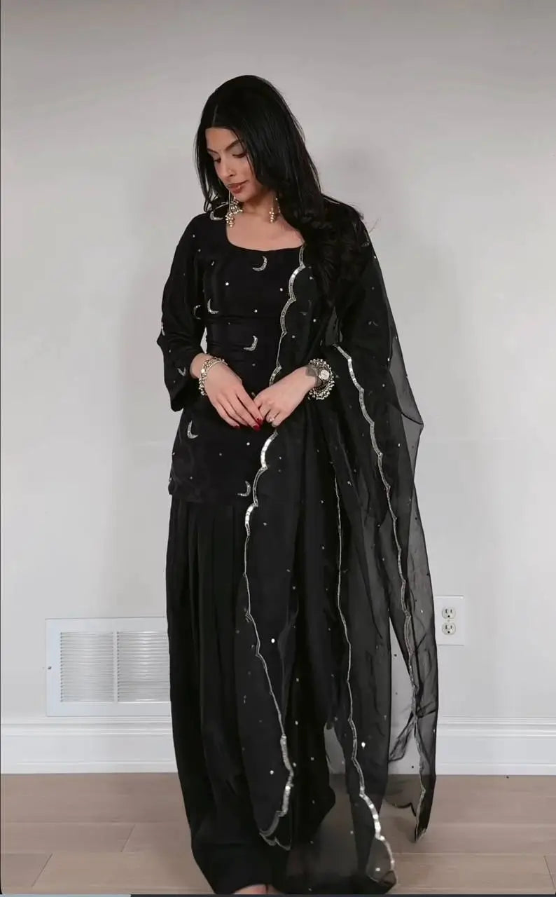 Pure Crepe Silk Embroidered Partywear Suit Set