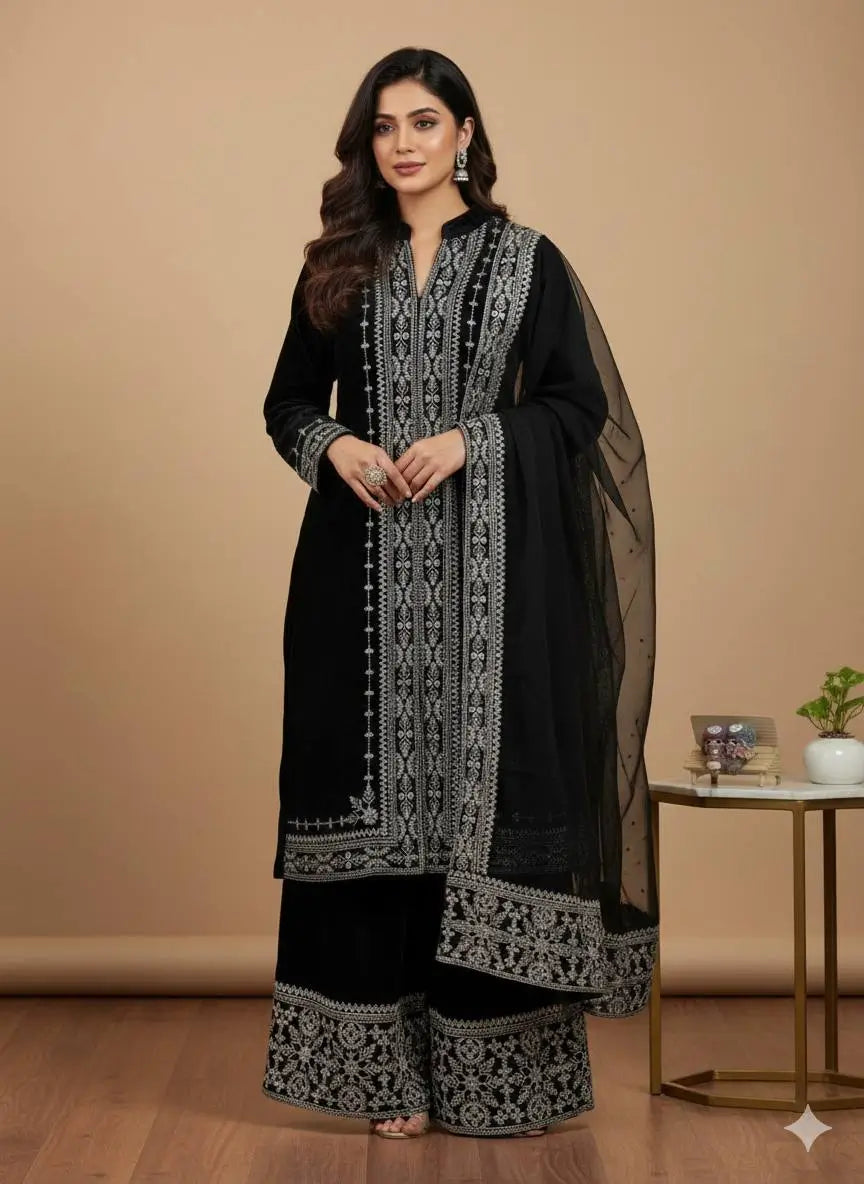 Pure Crepe Silk Embroidered Partywear Suit Set
