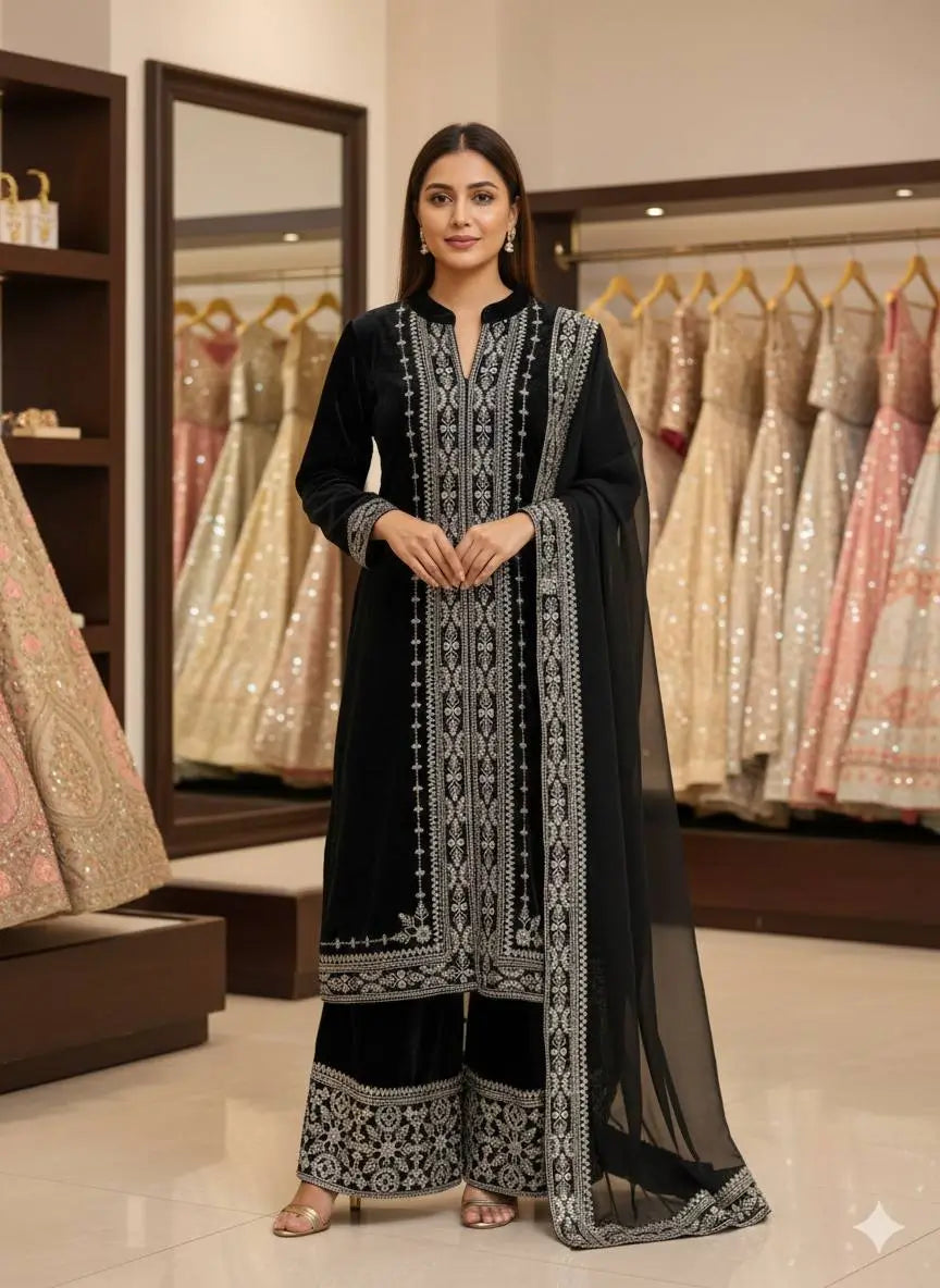 Pure Crepe Silk Embroidered Partywear Suit Set