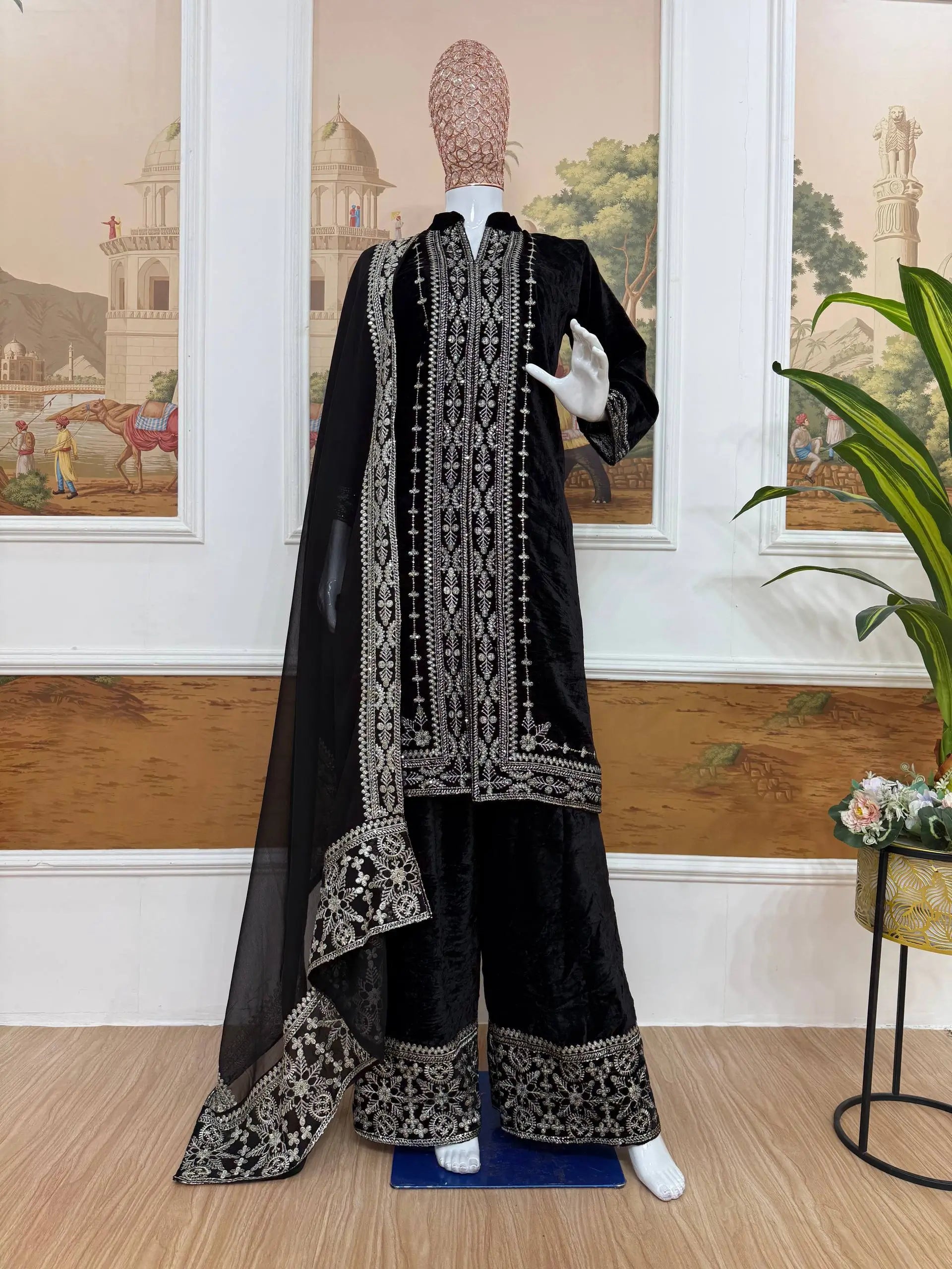 Pure Crepe Silk Embroidered Partywear Suit Set