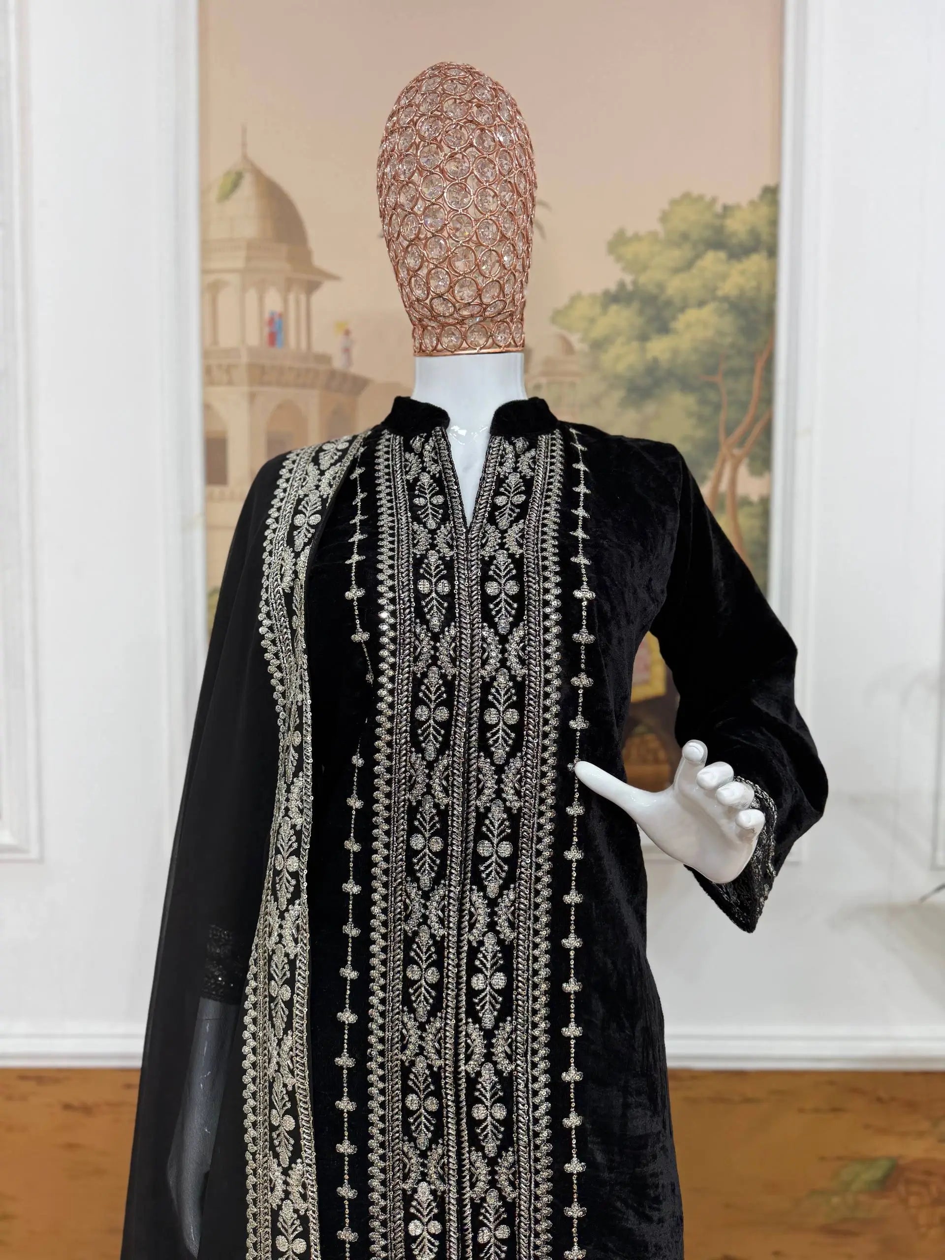 Pure Crepe Silk Embroidered Partywear Suit Set