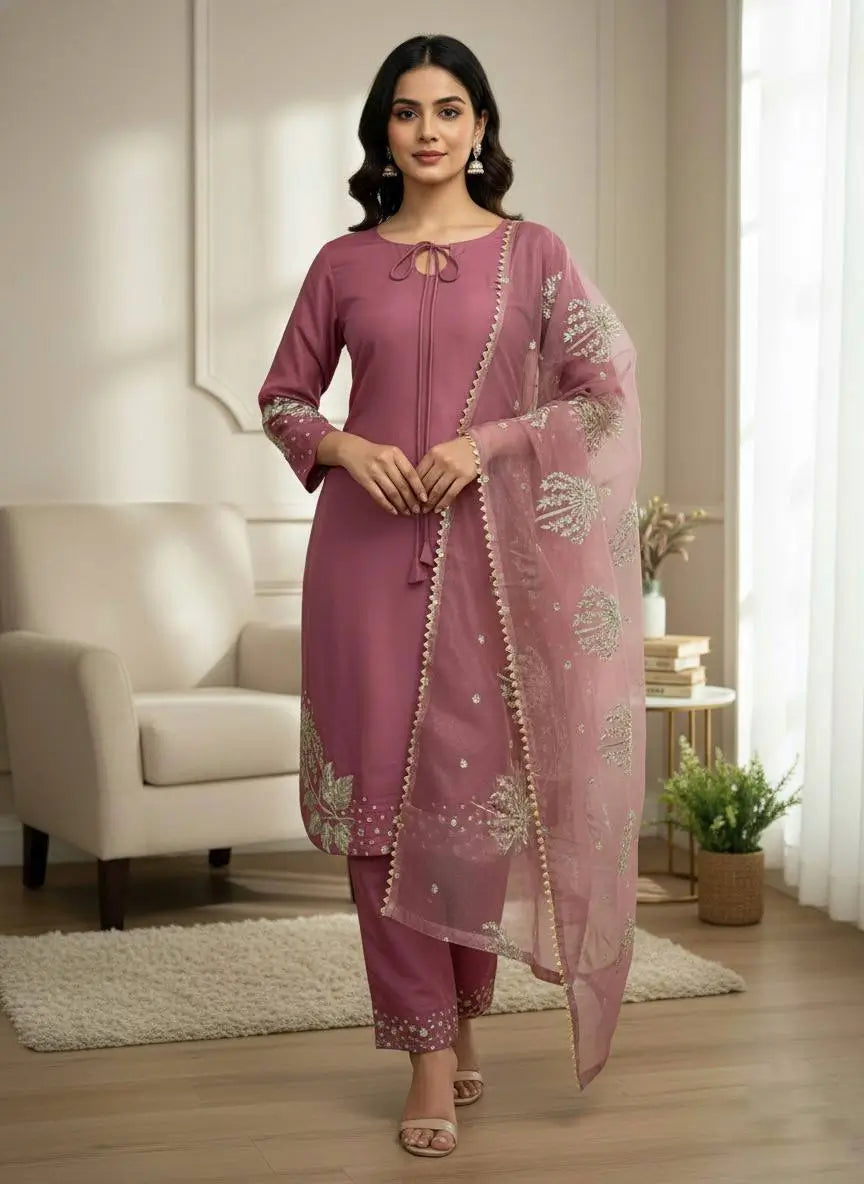 Pure Crepe Silk Embroidered Partywear Suit Set
