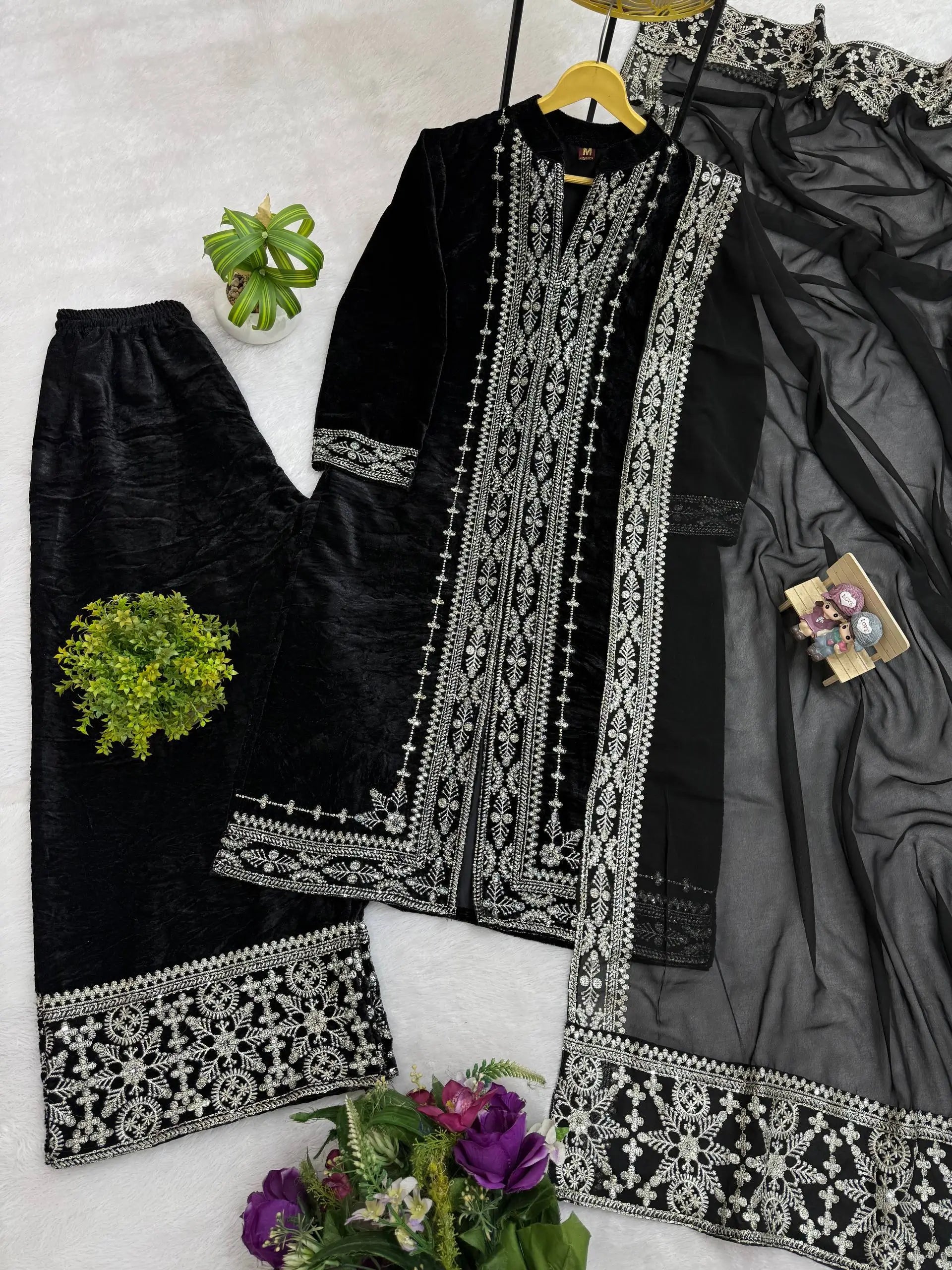 Pure Crepe Silk Embroidered Partywear Suit Set