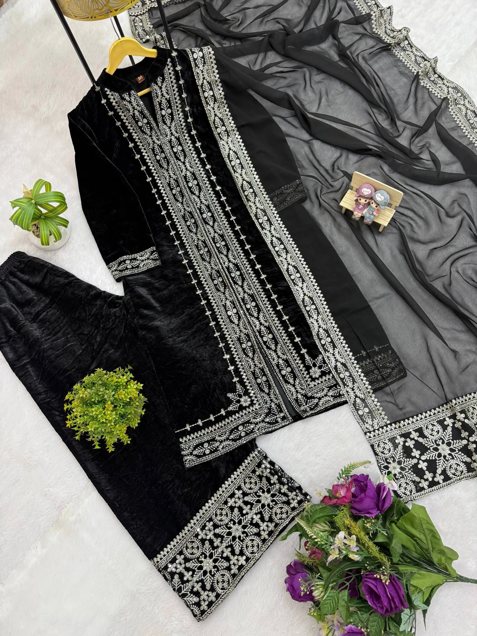 Pure Crepe Silk Embroidered Partywear Suit Set