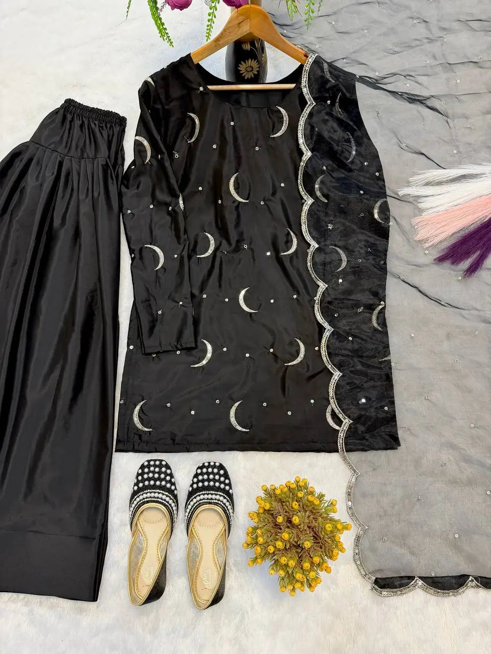 Pure Crepe Silk Embroidered Partywear Suit Set