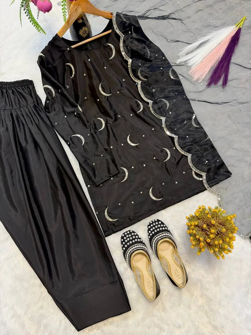 Pure Crepe Silk Embroidered Partywear Suit Set