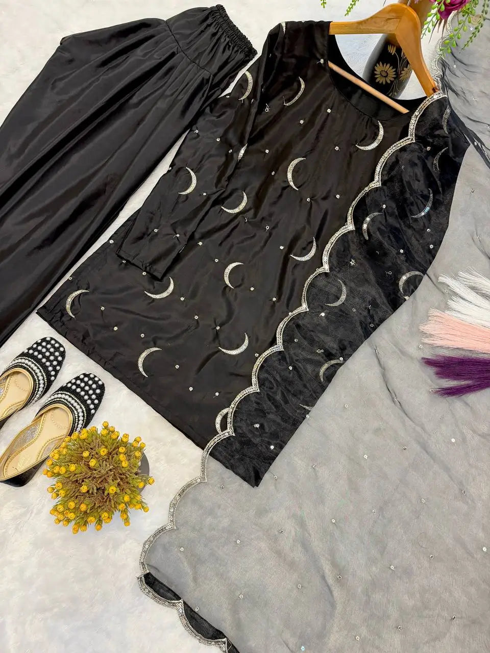 Pure Crepe Silk Embroidered Partywear Suit Set