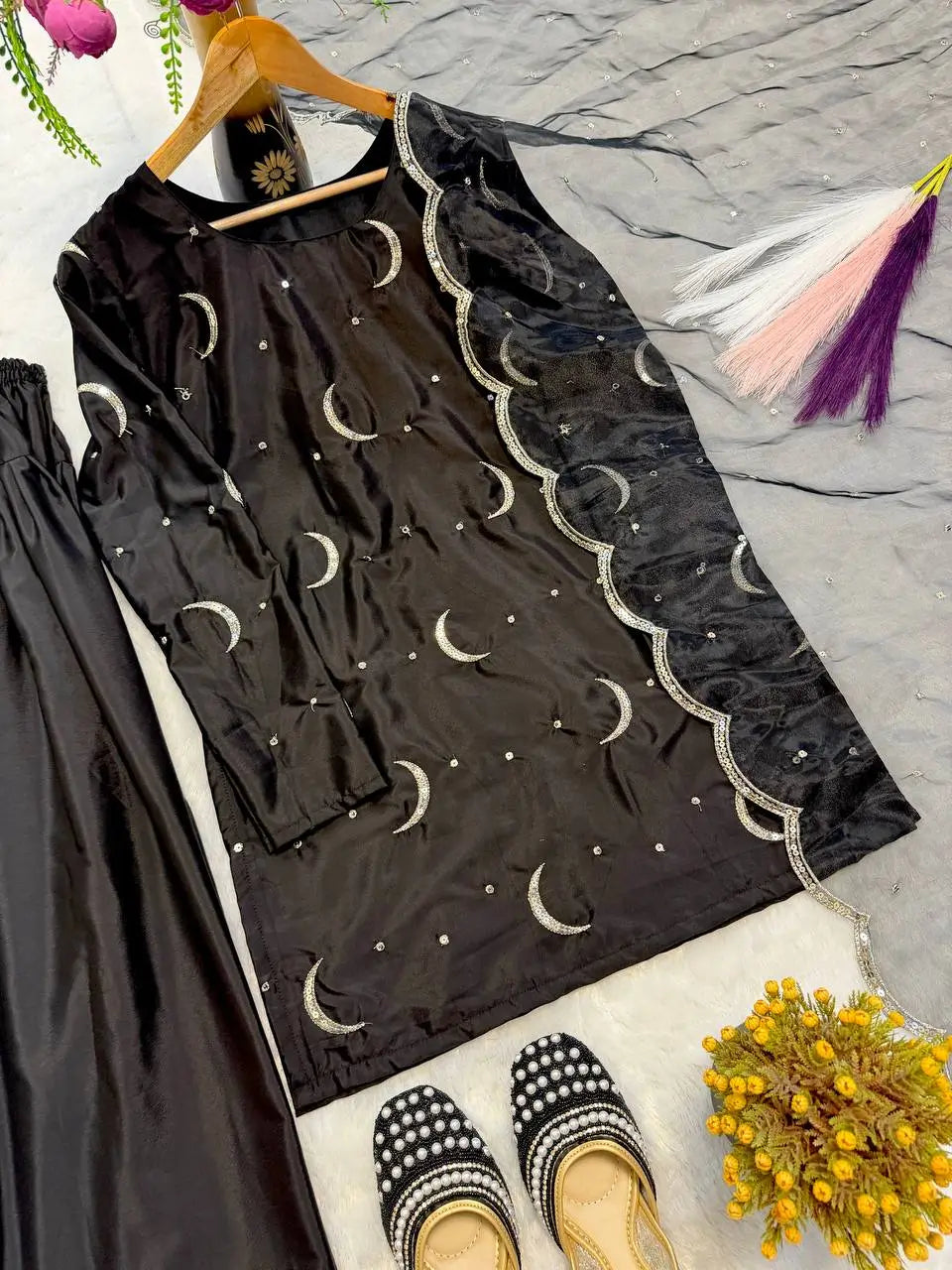 Pure Crepe Silk Embroidered Partywear Suit Set
