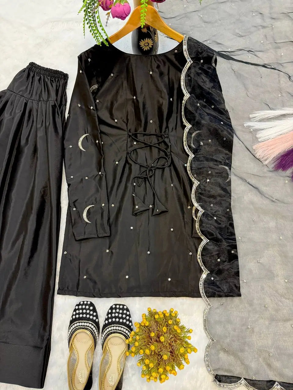 Pure Crepe Silk Embroidered Partywear Suit Set