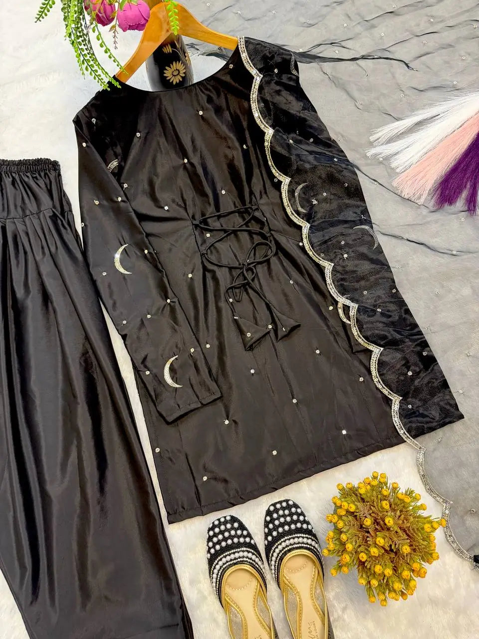 Pure Crepe Silk Embroidered Partywear Suit Set