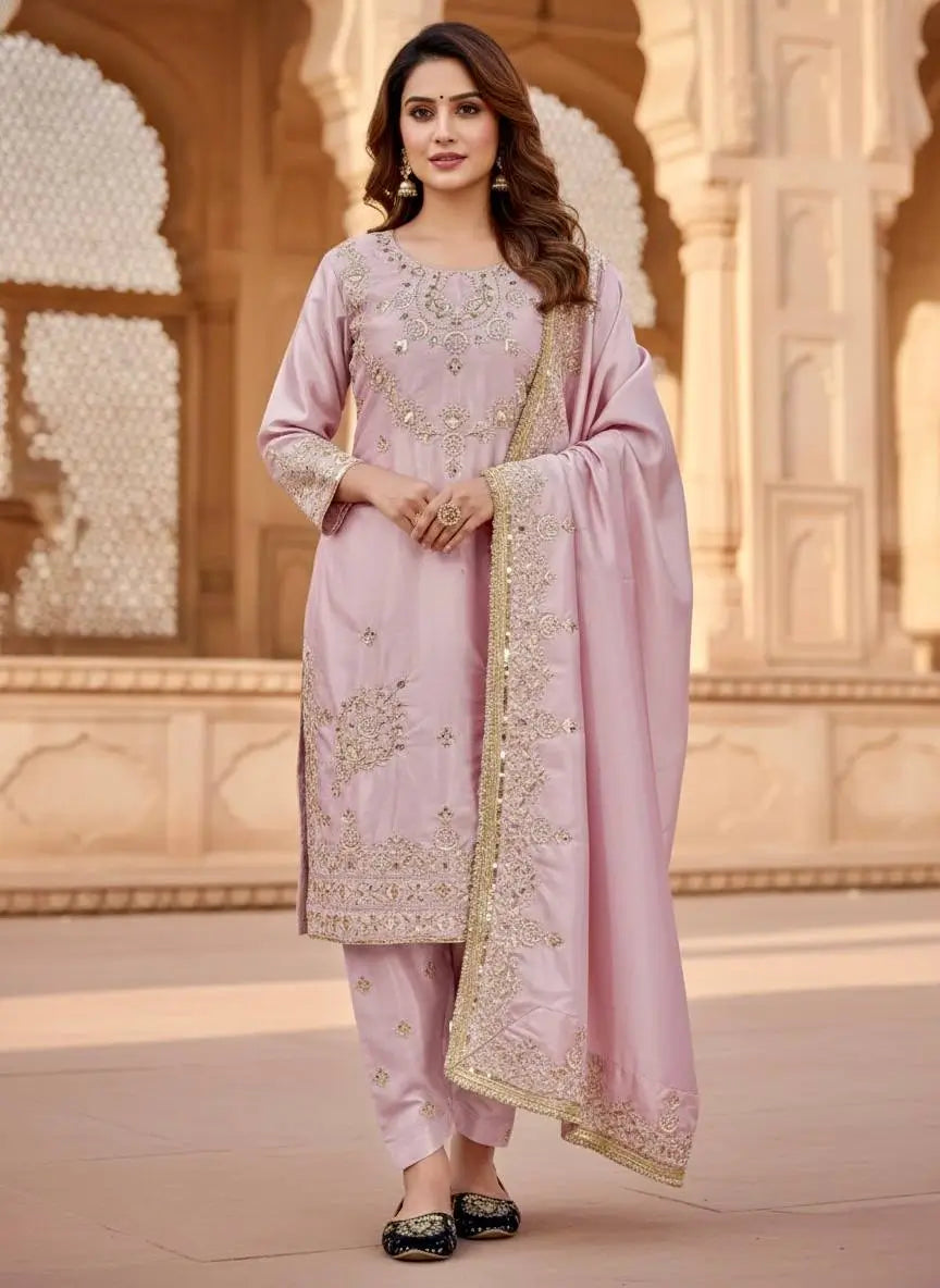 Pure Crepe Silk Embroidered Partywear Suit Set