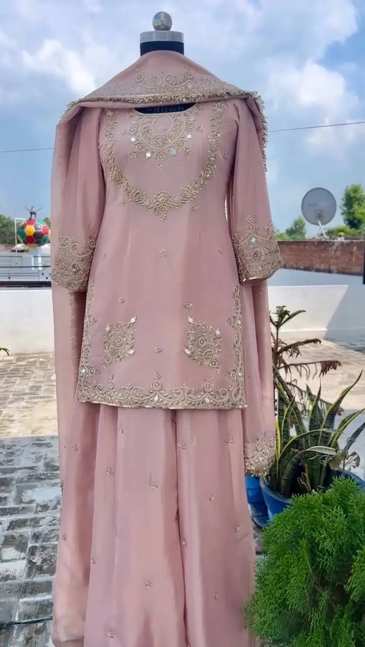 Pure Crepe Silk Embroidered Partywear Suit Set