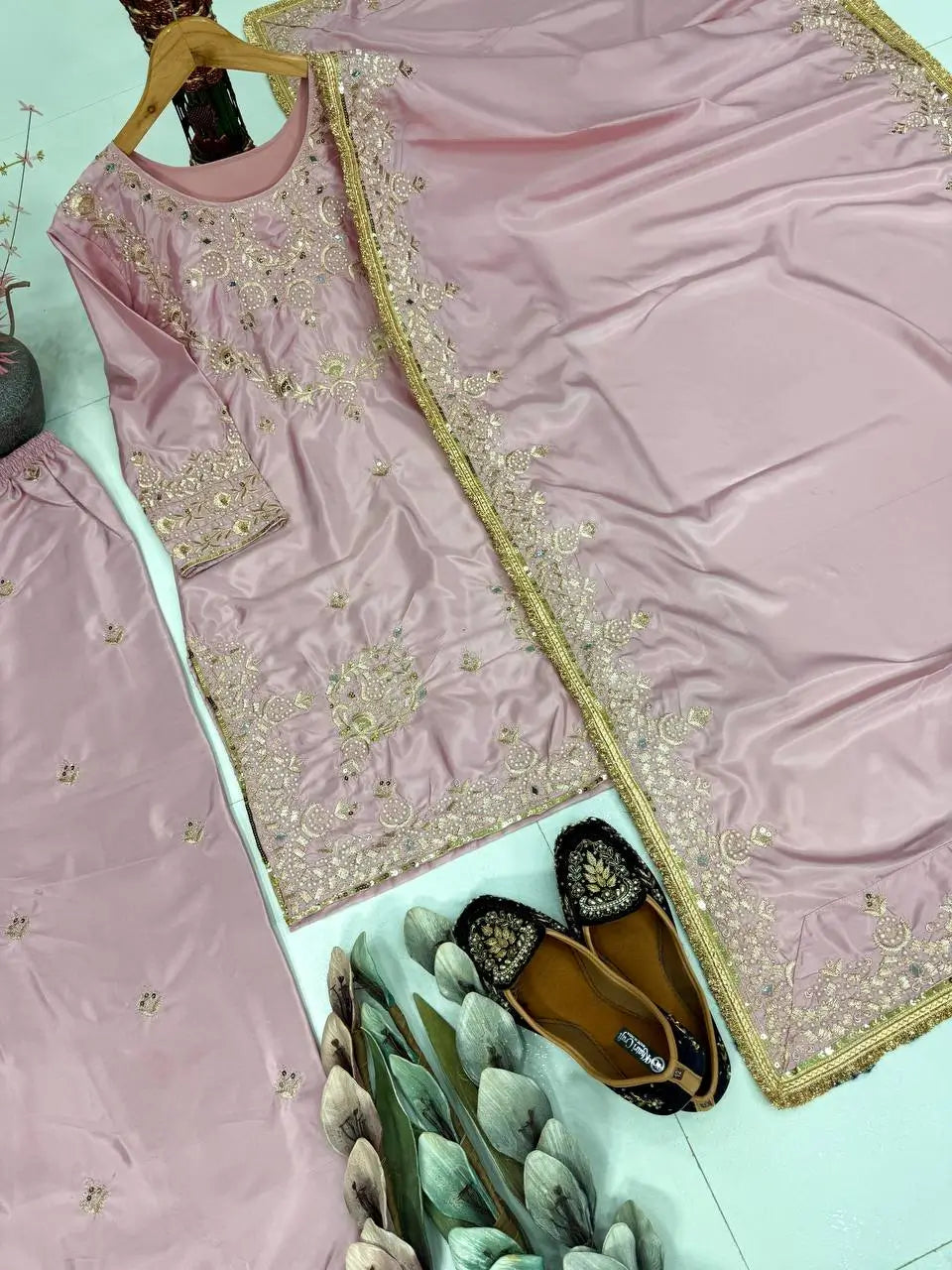 Pure Crepe Silk Embroidered Partywear Suit Set