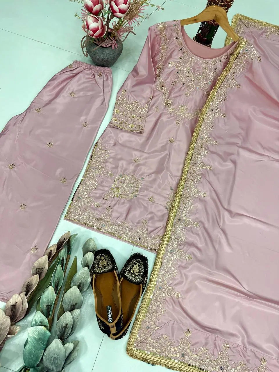 Pure Crepe Silk Embroidered Partywear Suit Set