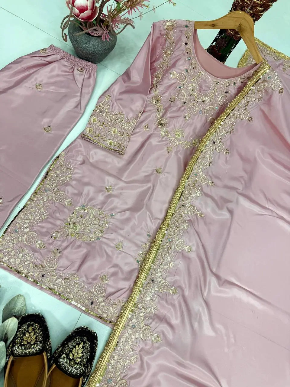 Pure Crepe Silk Embroidered Partywear Suit Set