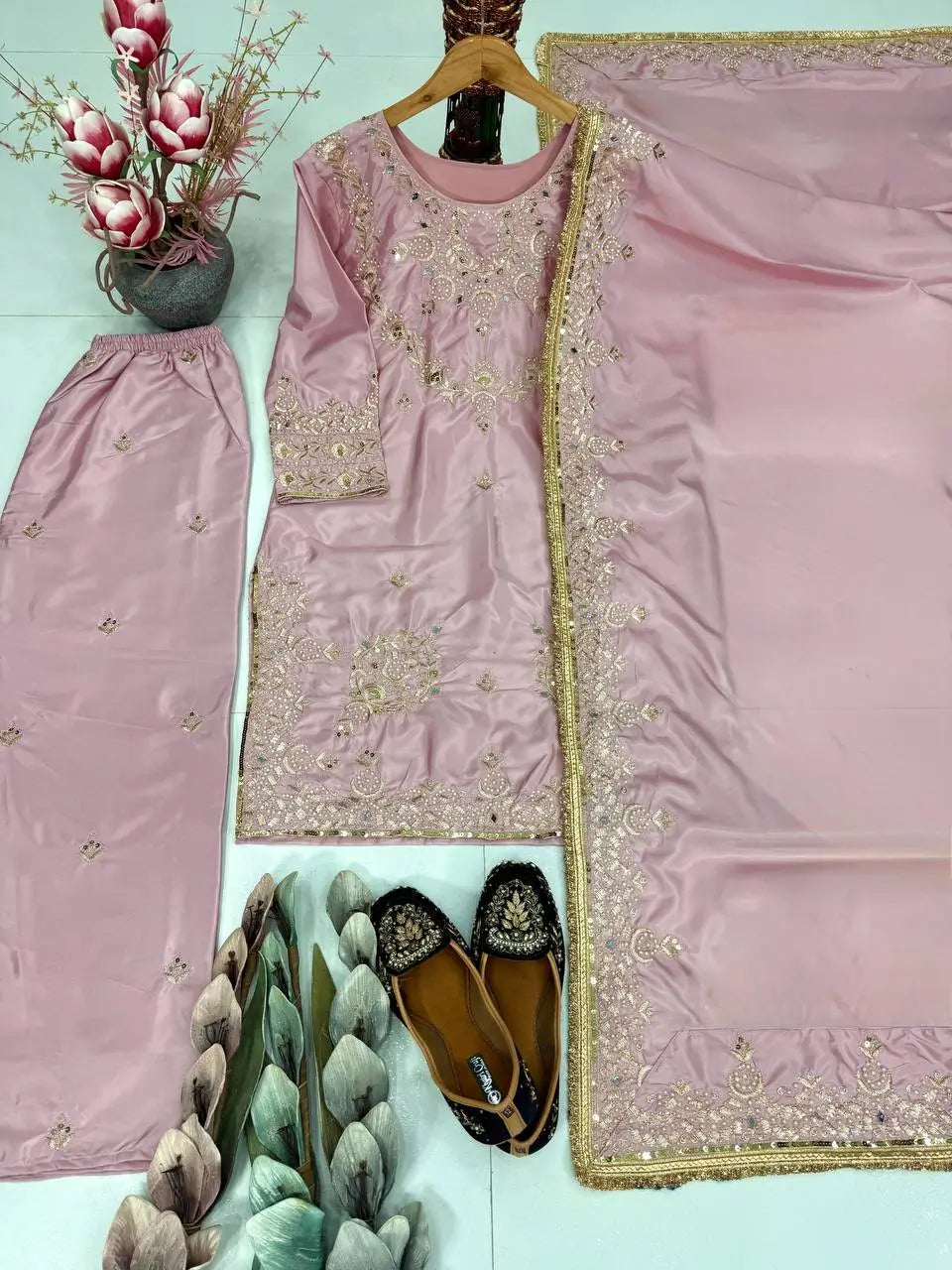 Pure Crepe Silk Embroidered Partywear Suit Set