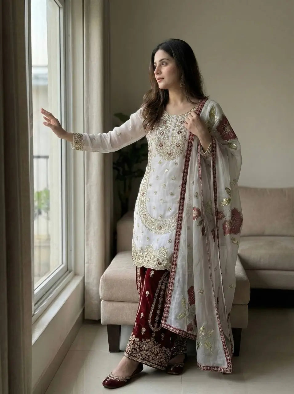 Pure Fendy Silk Embroidered Sharara Suit for Festive and Wedding Occasions
