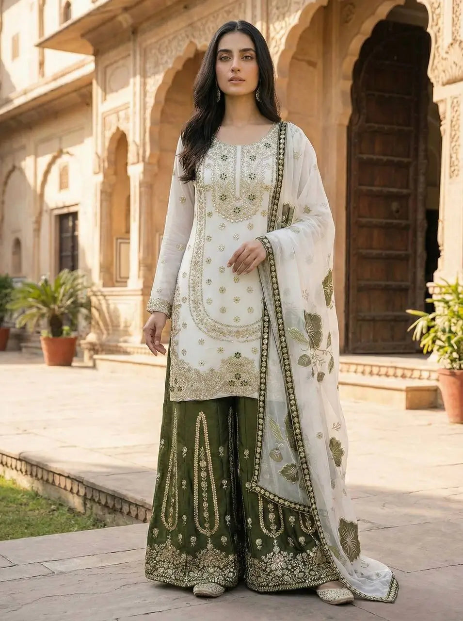 Pure Fendy Silk Embroidered Sharara Suit for Festive and Wedding Occasions
