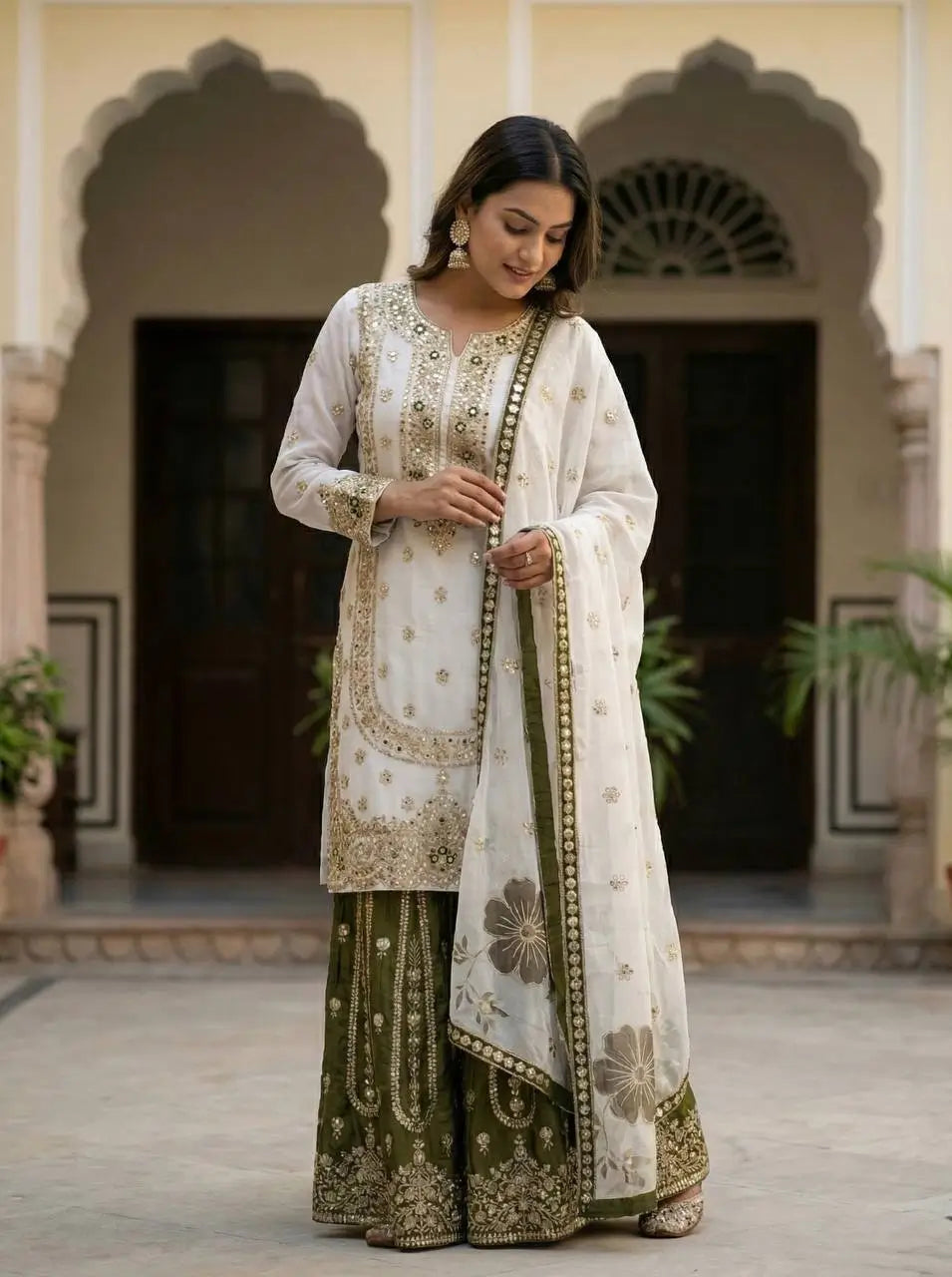 Pure Fendy Silk Embroidered Sharara Suit for Festive and Wedding Occasions